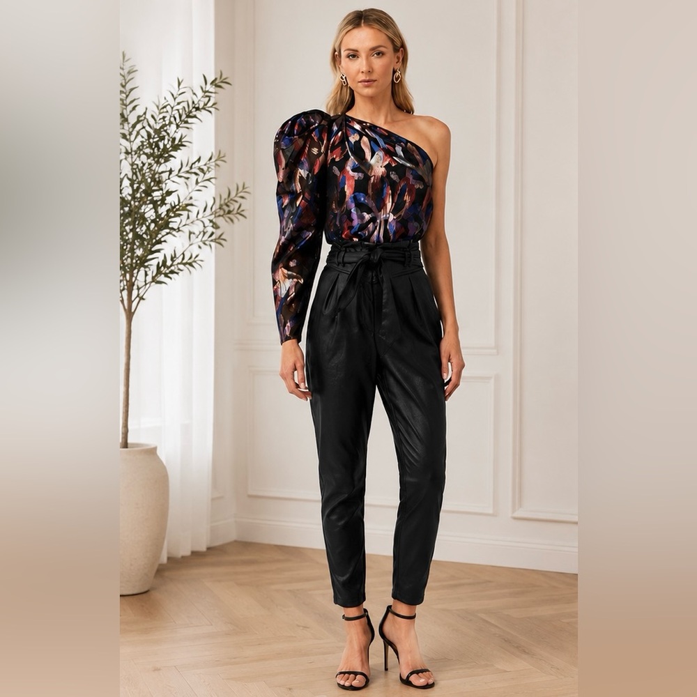 Sabina Musayev One Shoulder Metallic Floral Top Women’s XS Puff Sleeve